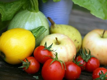 Close up of harvested vegetables and fruit.